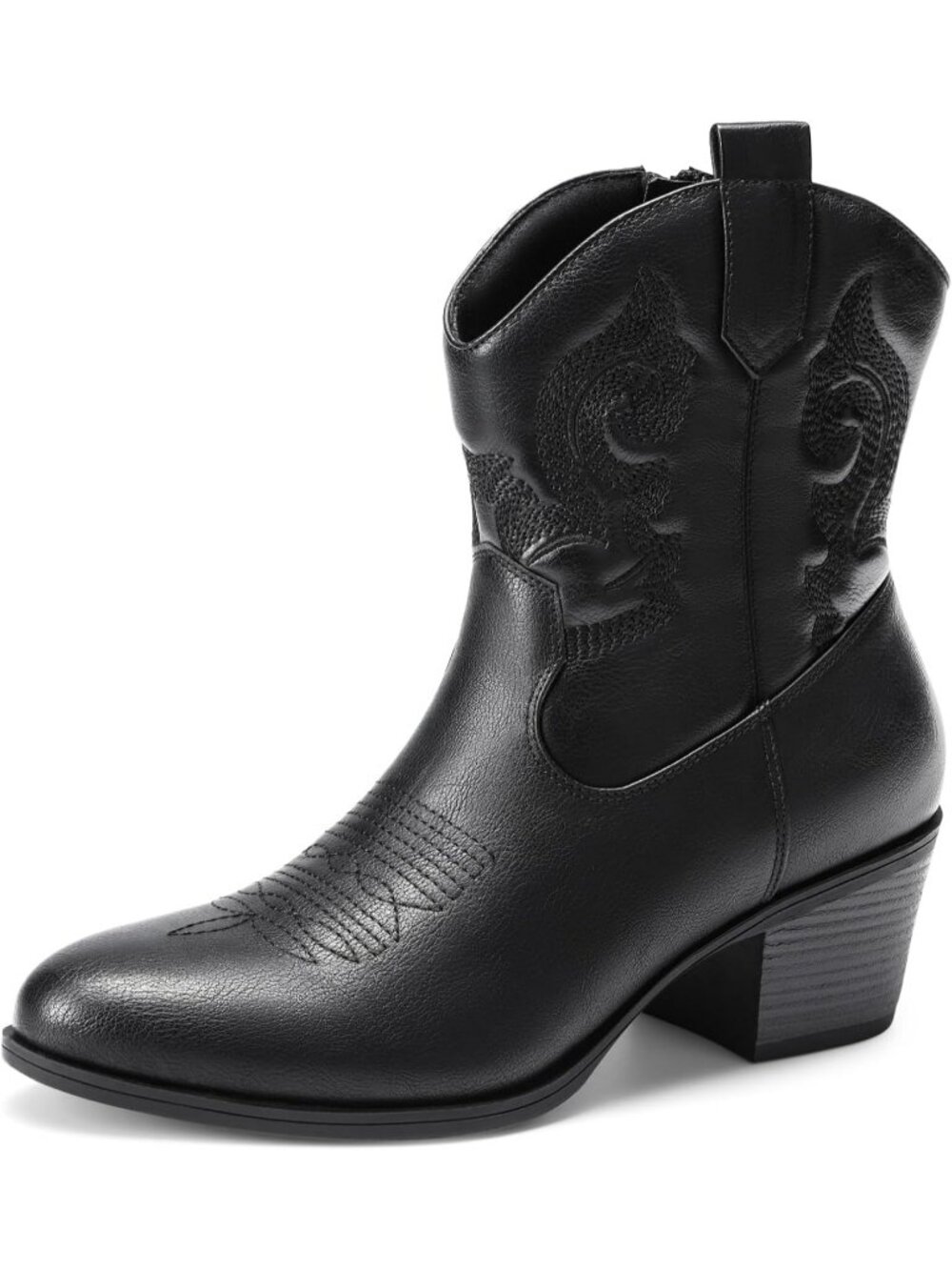 Women's Black Western Cowgirl Embroidered Ankle Boots Fashion Low Chunky Heel